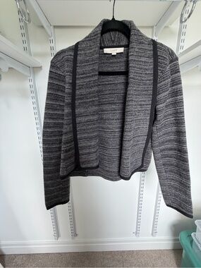 LOFT Gray Open-Front Striped Knit Sweater